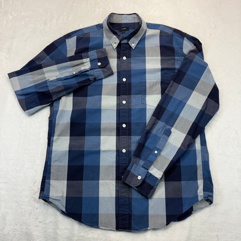 J.Crew Mens Large Blue Grey Buffalo Check Cotton Button Down Shirt E5678